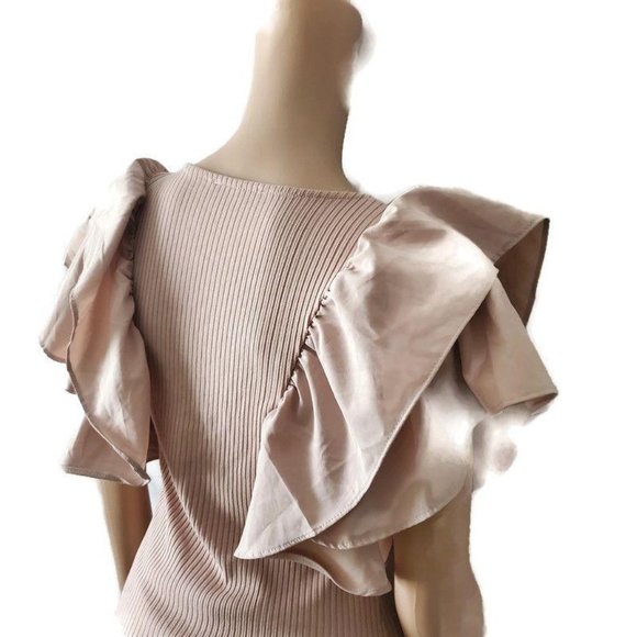 Haute Monde Women's Layered Flutter Sleeves Ribbed Blouse Blush Pink Size Medium - Picture 6 of 14